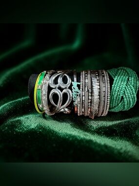 Boho Silver and Emerald Green Bangle Bracelet Stack- TribalMixed Mode Set